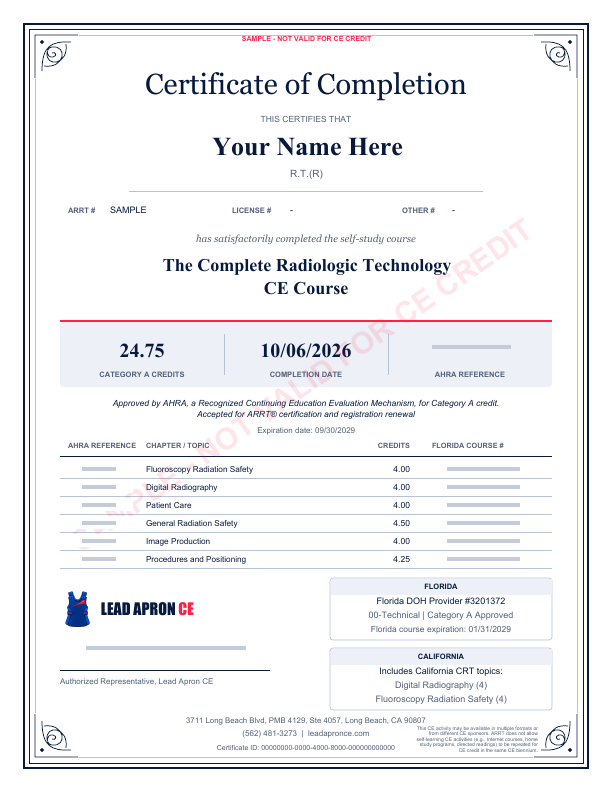 Sample certificate with identifying details masked; not valid for CE credit